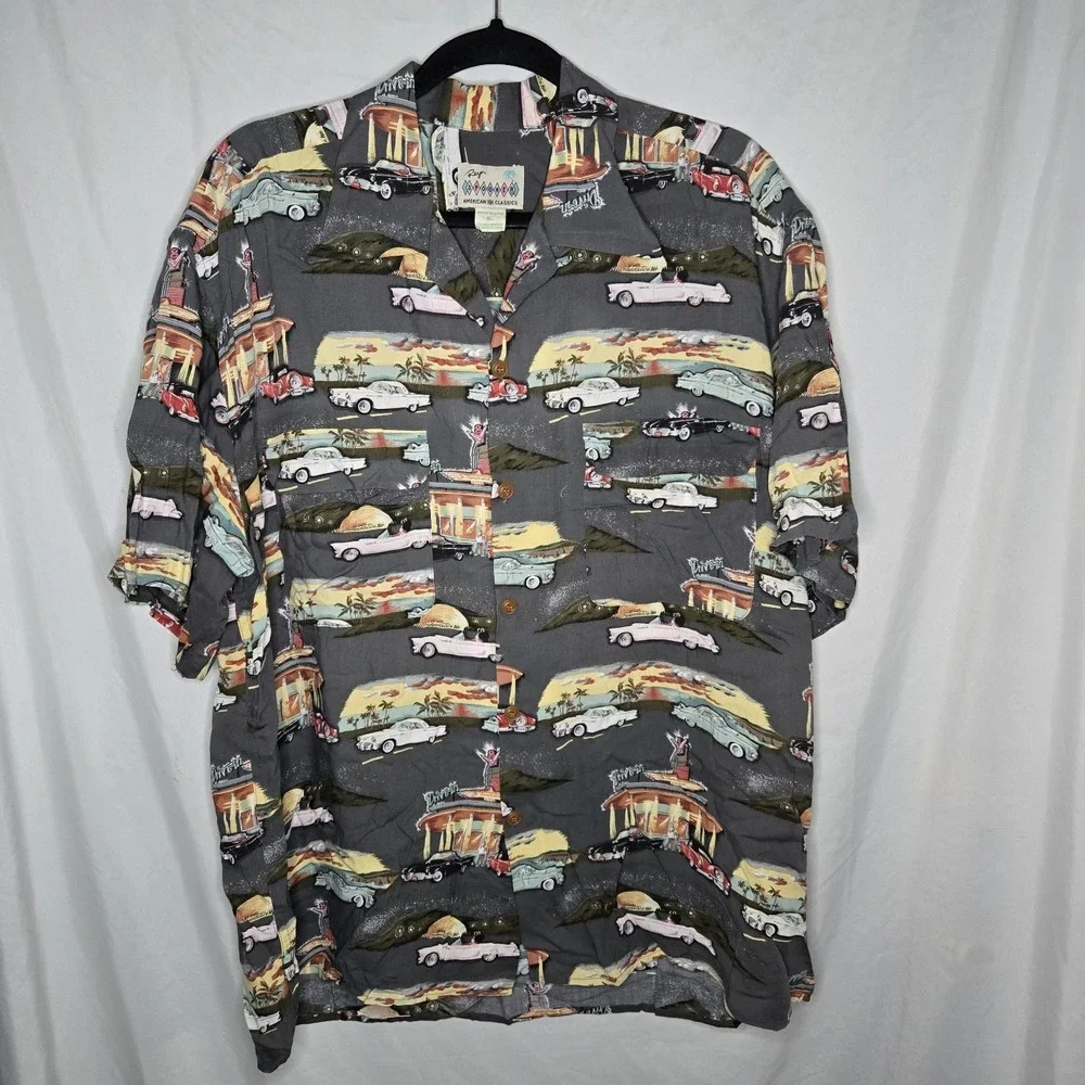 VTG Reyn Spooner American Classics Mens Large Button Up Rayon Classic Cars USA - Picture 1 of 9